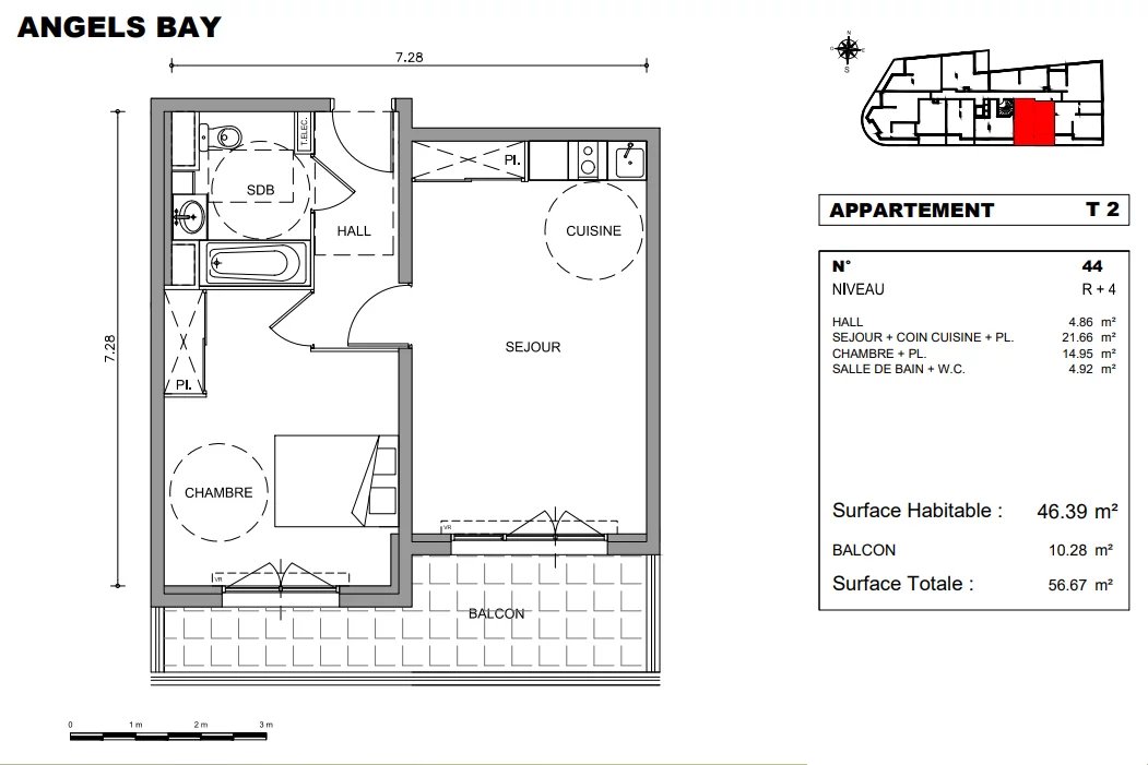 Beau 2p de 46 m² + terrasse de 10.28 m² + 1 parking