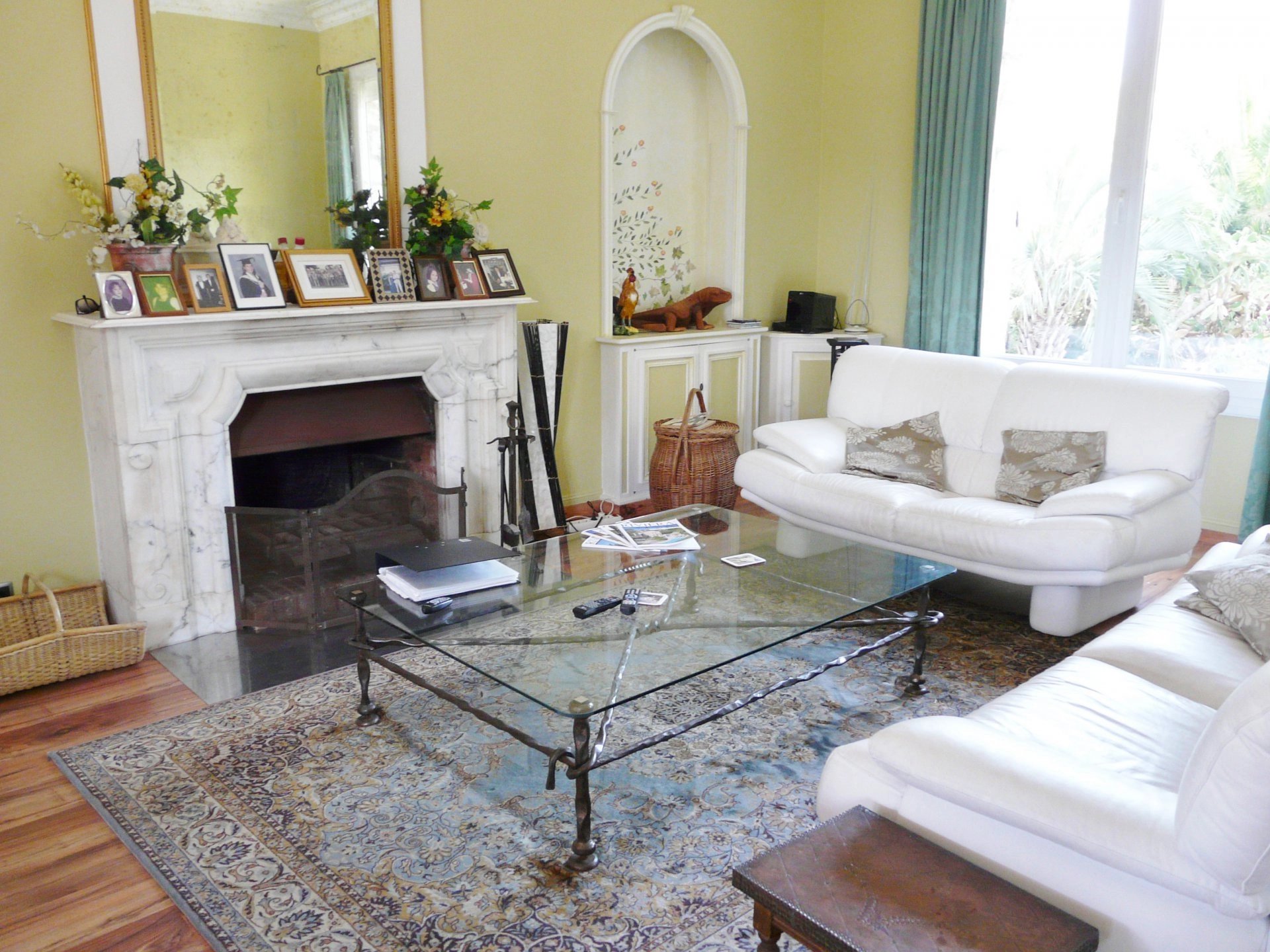 Living-room, natural light, fireplace, wood floors
