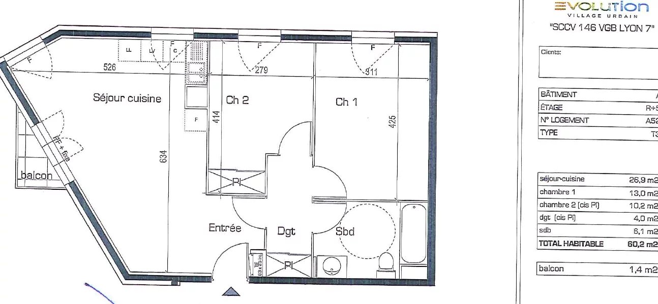 Achat Appartement, Surface de 60 m²/ Total carrez : 60 m², 3 pièces, Lyon 7ème (69 007)