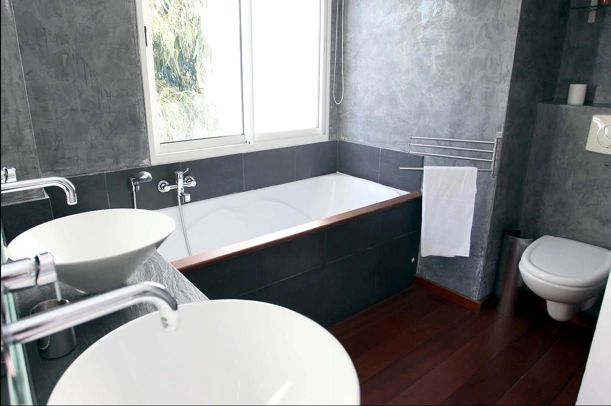Bathroom, natural light, wood floors