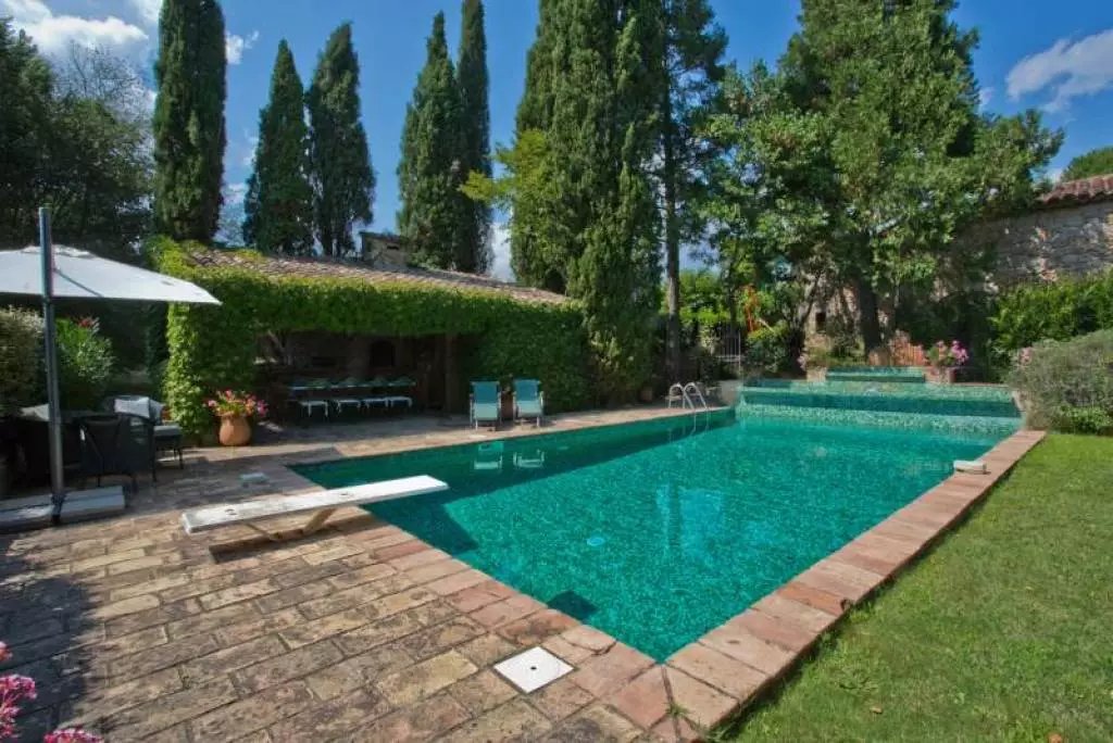 beautiful pool with diving board, summer kitchen and pool house