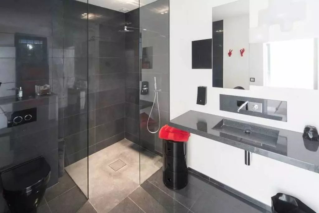 douche avec cabine transparente et toilette