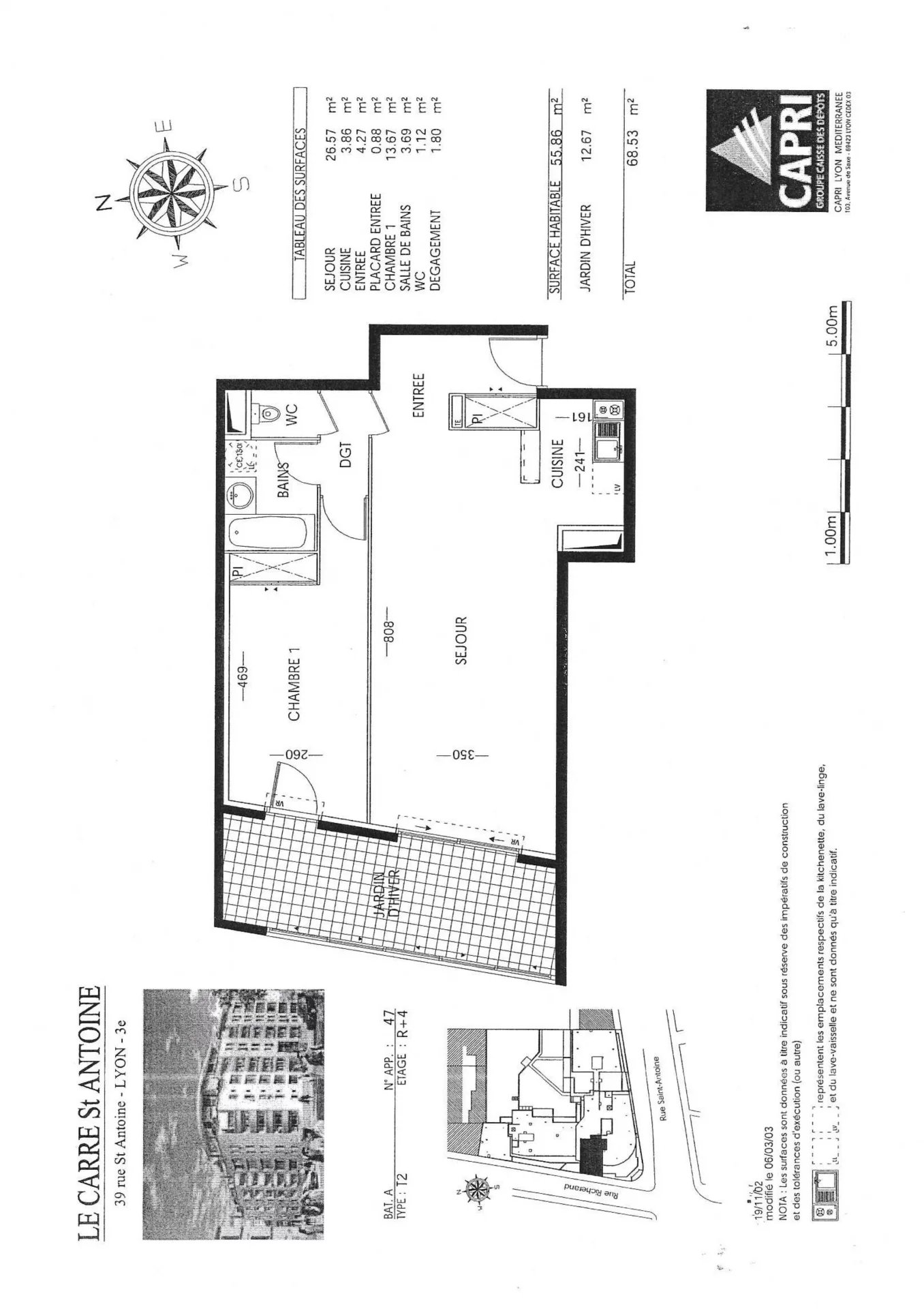 Achat Appartement, Surface de 68.56 m²/ Total carrez : 55 m², 2 pièces, Lyon 3ème (69003)