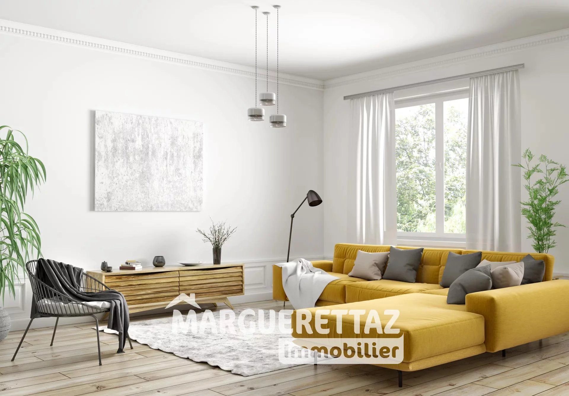 Modern interior design of scandinavian apartment, living room with yellow sofa, sideboard and black armchair 3d rendering