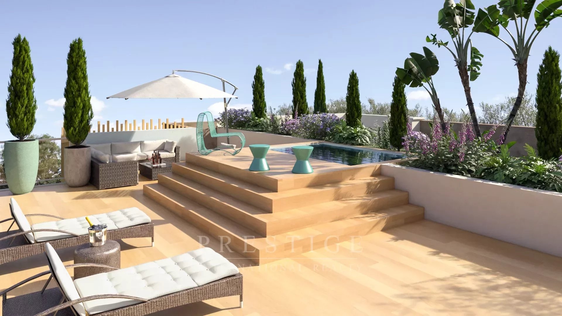 Antibes new top floor 3 bedrooms flat with terrace & solarium, cellar & parking