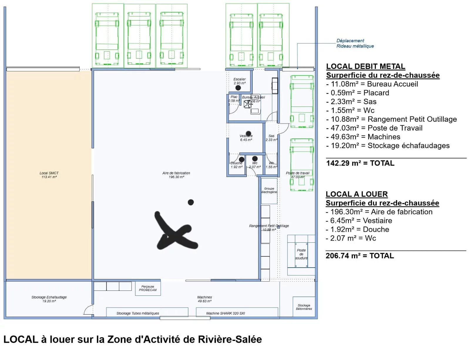 GRAND LOCAL DE 206 m²AVEC PARKINGS