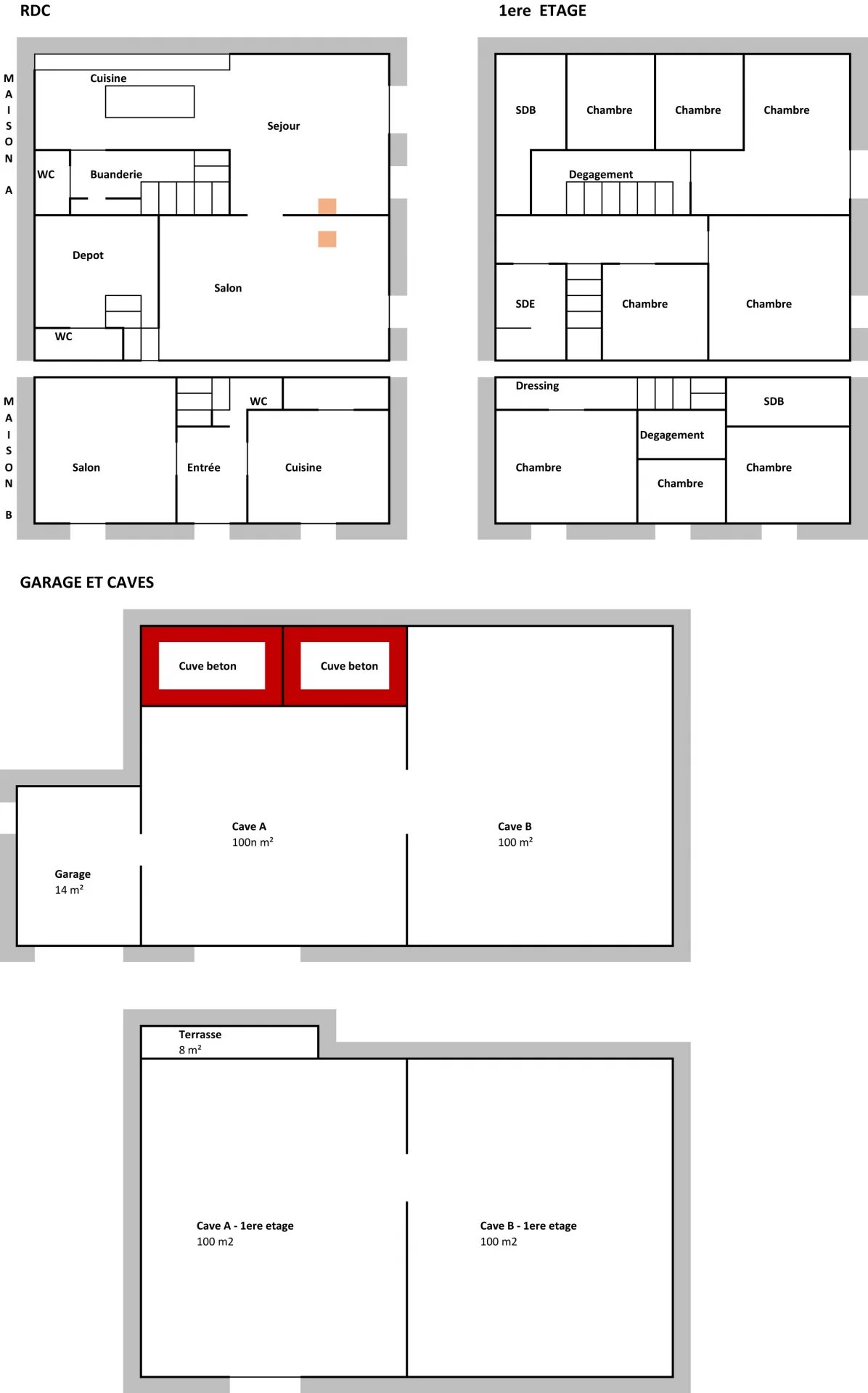 2 maisons indépendantes T7, 190 m², 5 CHS et T4, 85 m², 3 CHS, cour, garages 16 m² et 2 grandes caves 2x200 m²