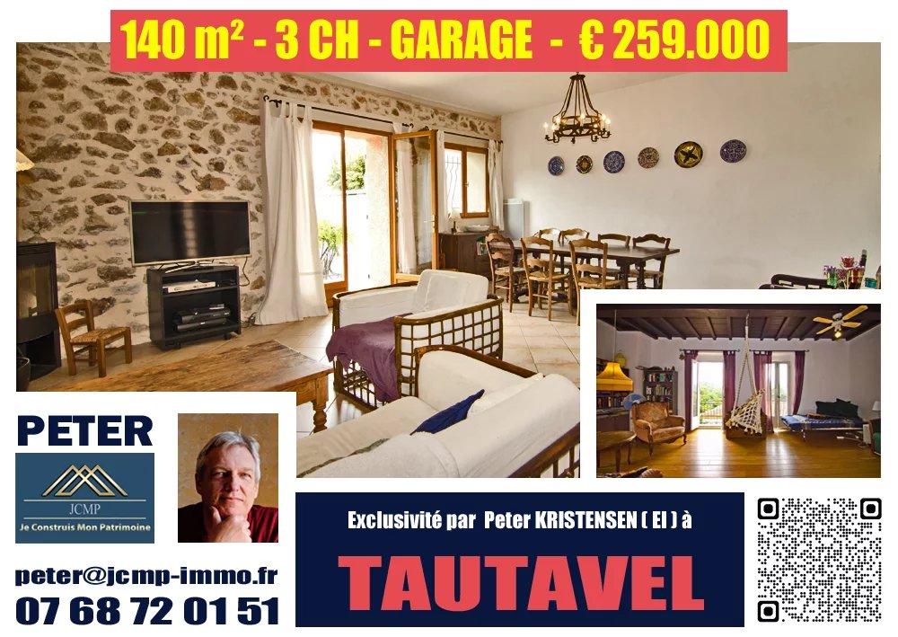 Maison de ville 3-faces à Tautavel, 5-pc, 140 m², 3 chambres, 2 salle de bains/WC, terrasses, garage, Vue panoramique