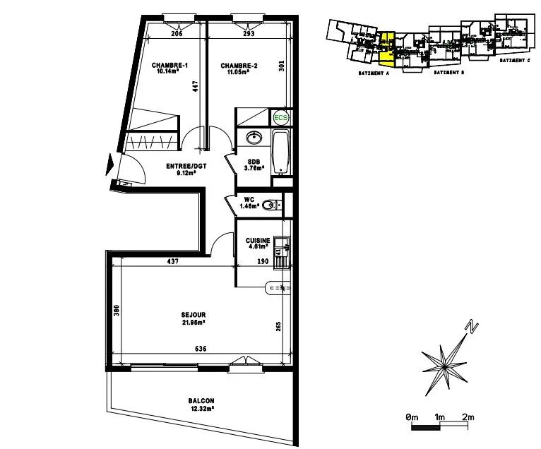 T3 avec ascenseur, terrasse, garage, cave et parking