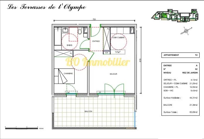 Appartement 2 pièces 44.31 m² + terrasse 21.38 m² + 1 parking