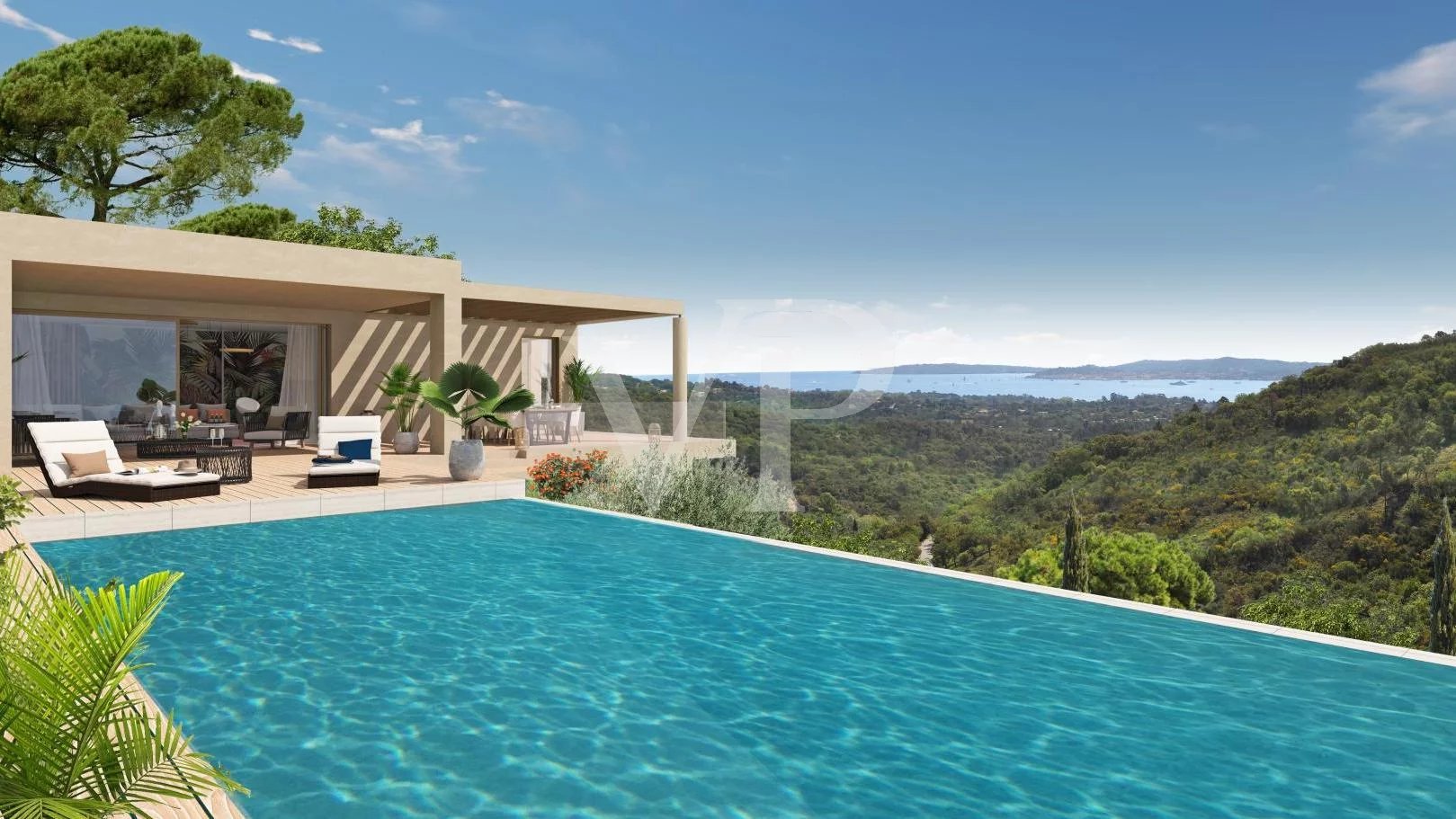Neu gebaute Villa im zeitgenössischen Stil mit Blick auf die Bucht von Saint Tropez