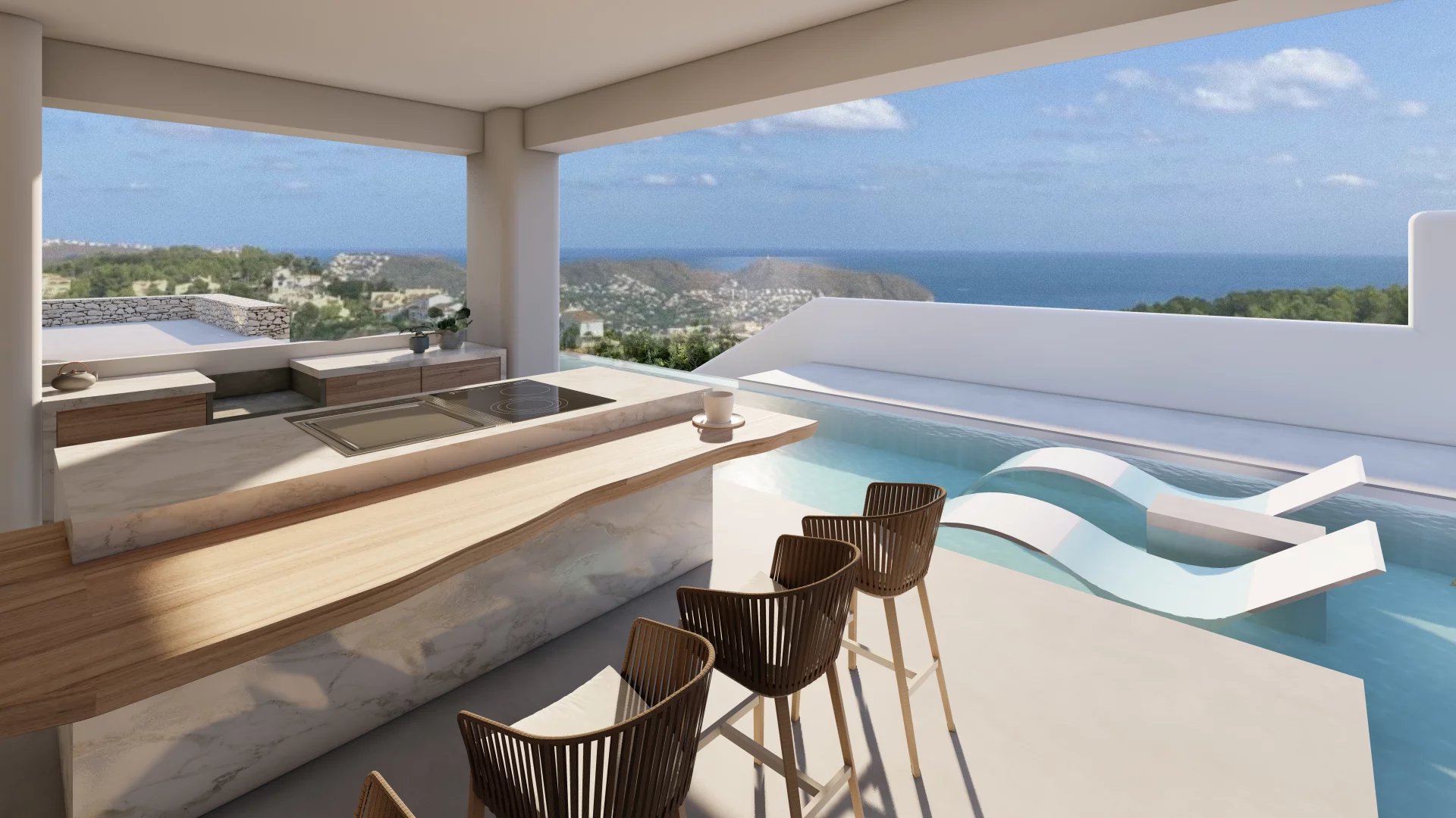 Superb Ibiza style villa with panoramic sea view, under construction in Moraira