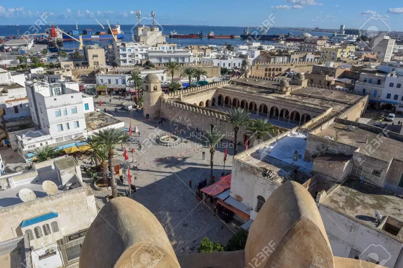 Sousse, Tunisia -  7 November 2019: view at grande mosque and port of Sousse in Tunisia