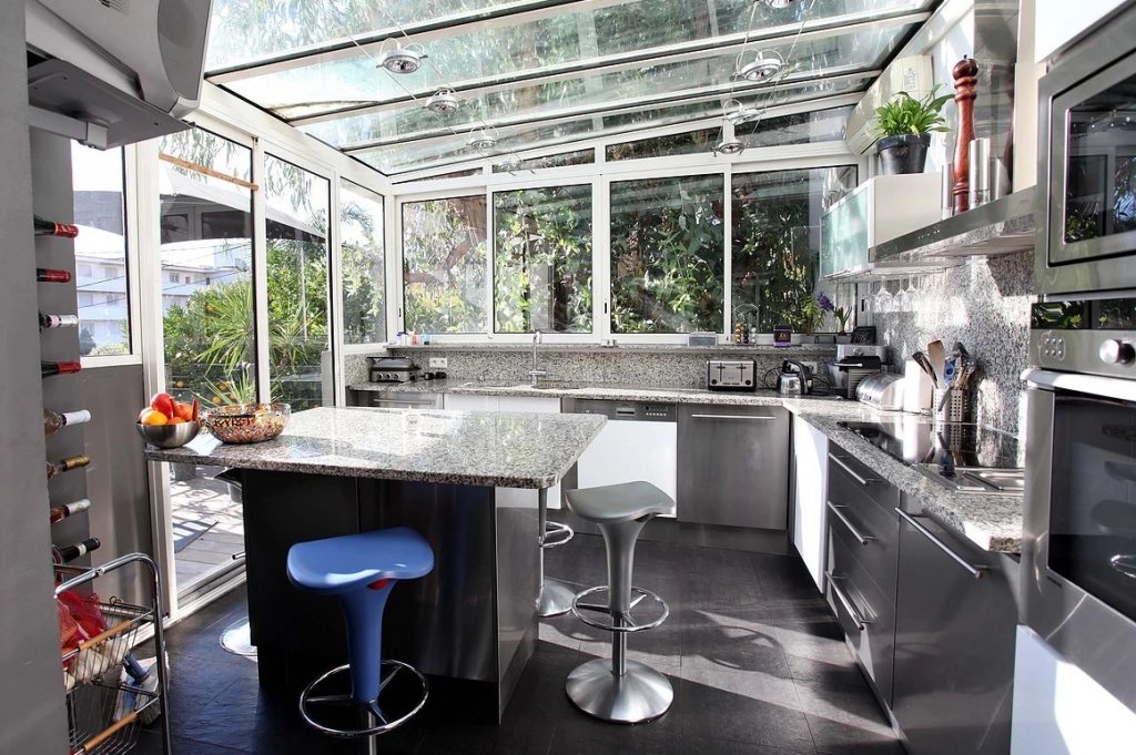 Kitchen, stainless steel, natural light, kitchen island